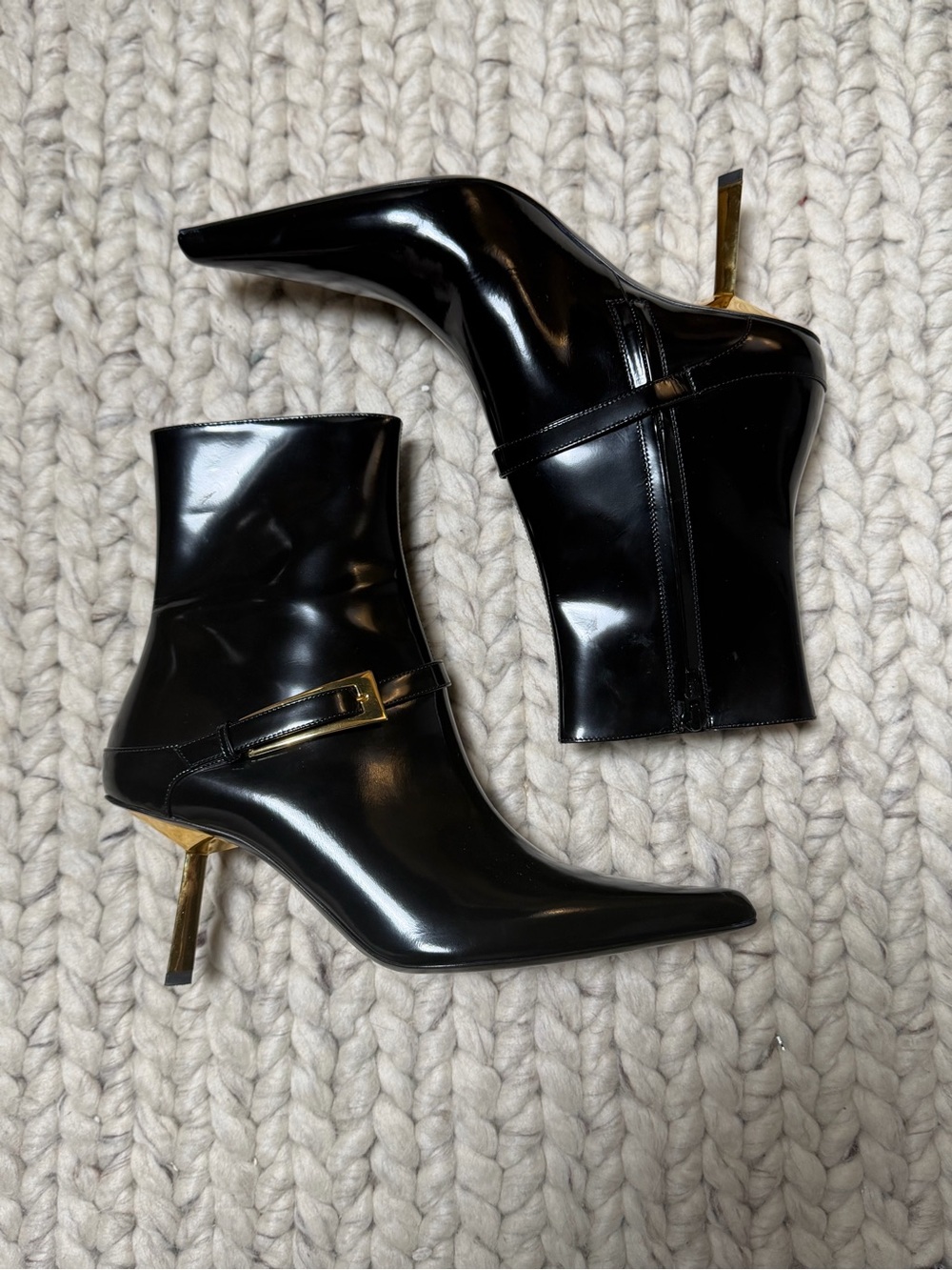 Saint Laurent Lee Black Patent Leather Booties with Gold Heel Accent